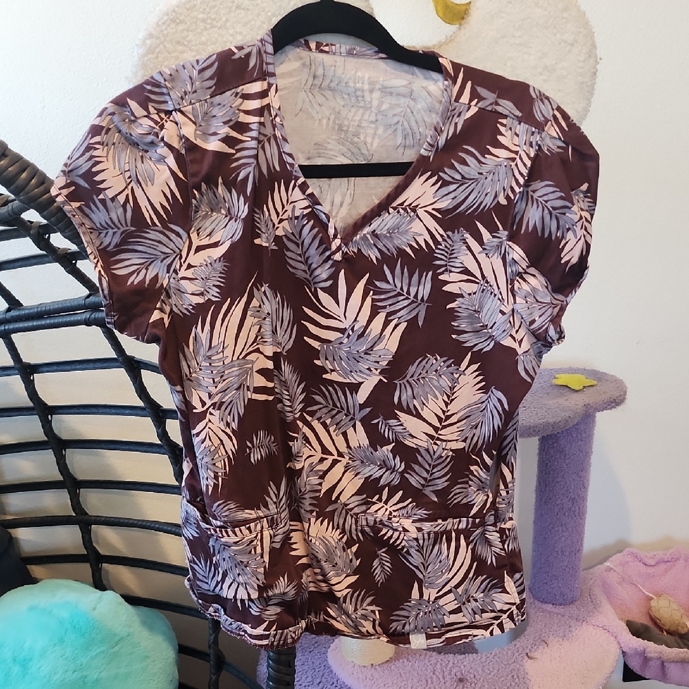 Floral Brown and Pink Women's Scrub  Top